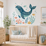 Whale Wall Decal | Ocean Whale Wall Sticker | Sea Life Nursery Decor | Kids' Room Wall Art | Folk Whale & Fish Wall Decoration | Ocean Decor