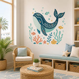 Whale Wall Decal | Ocean Whale Wall Sticker | Sea Life Nursery Decor | Kids' Room Wall Art | Folk Whale & Fish Wall Decoration | Ocean Decor
