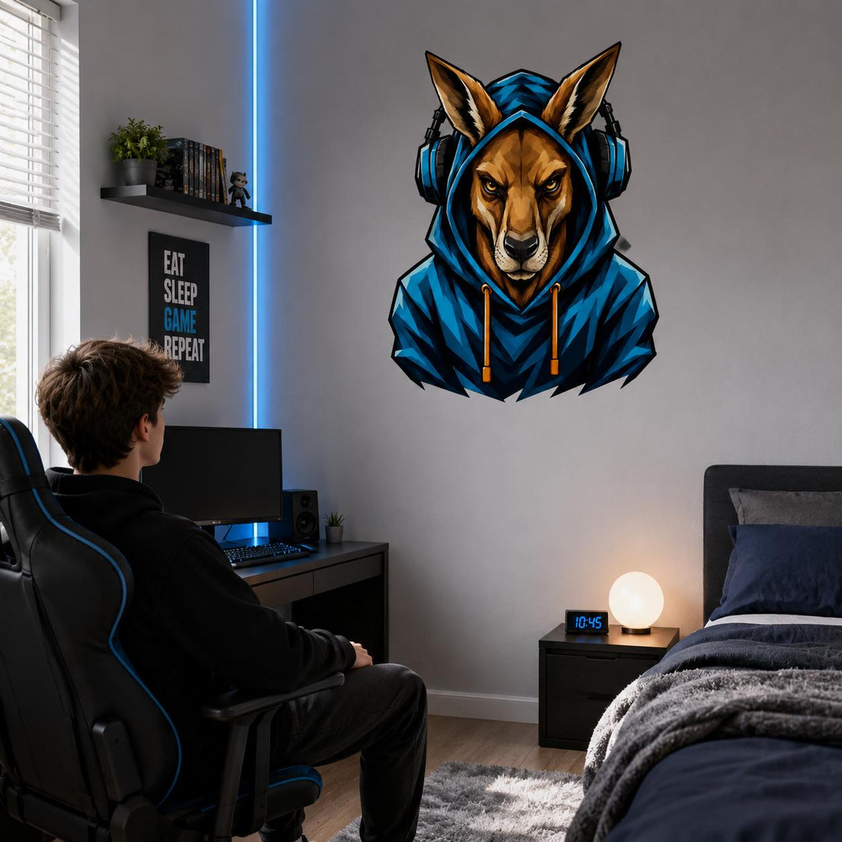 Kangaroo Gamer Wall Decal | Gaming Kangaroo Wall Sticker | Headphones Animal Decor | Kids Room Wall Art | Cool Gamer Bedroom Wall Decoration