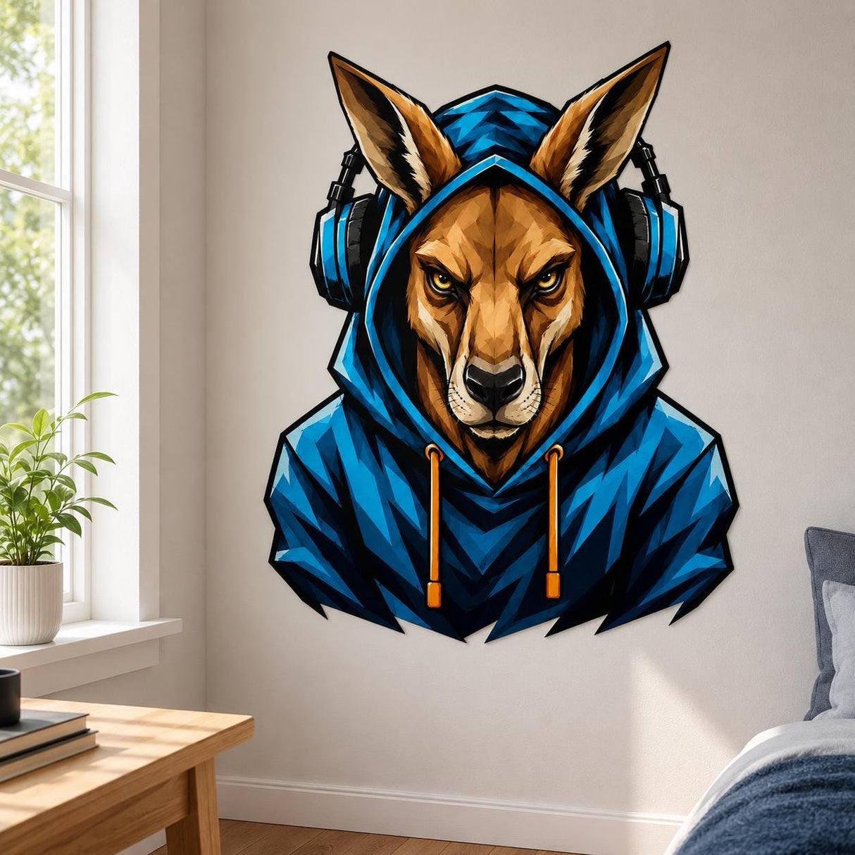 Bold illustrated kangaroo with golden eyes wearing a bright blue hooded sweatshirt and large blue-and-black headphones, with orange drawstrings and angular graphic details.