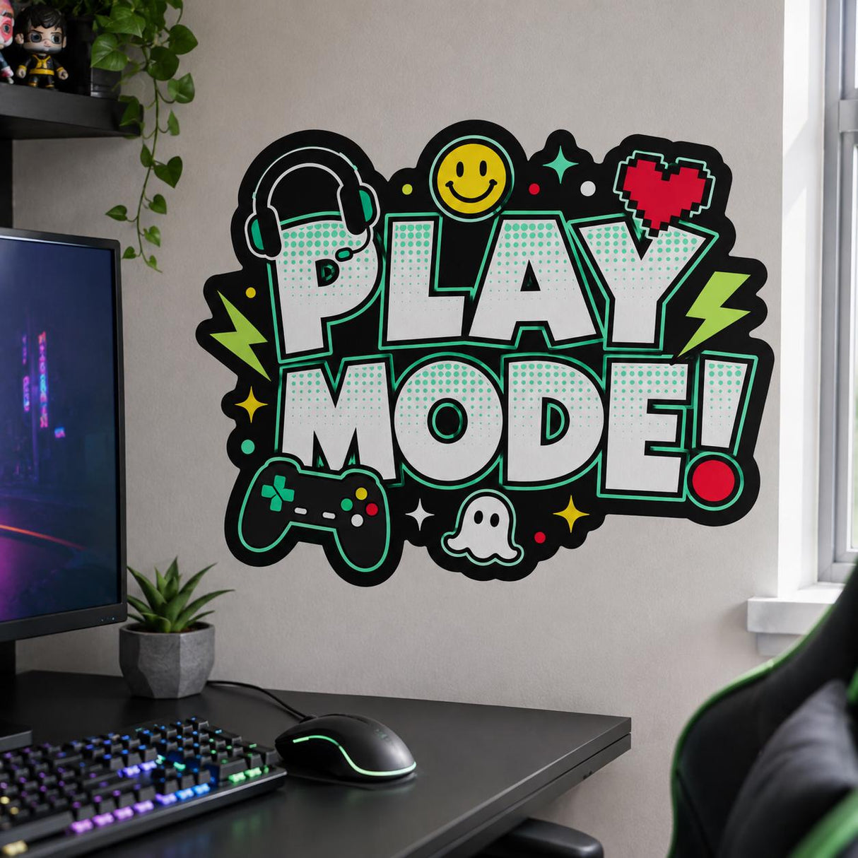 Play Mode Wall Decal | Gaming Wall Sticker | Video Game Room Decor | Kids Gaming Wall Art | Controller Headset & Pixel Heart Wall Decoration