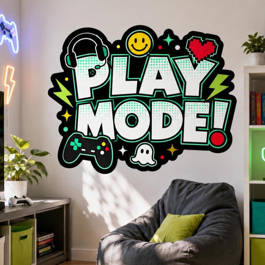 Bold gaming design with large “PLAY MODE!” lettering, a headset, game controller, pixel red heart, yellow smiley face, green lightning bolts, stars, colorful dots, and a small white ghost in black, mint, red, yellow, and lime tones.