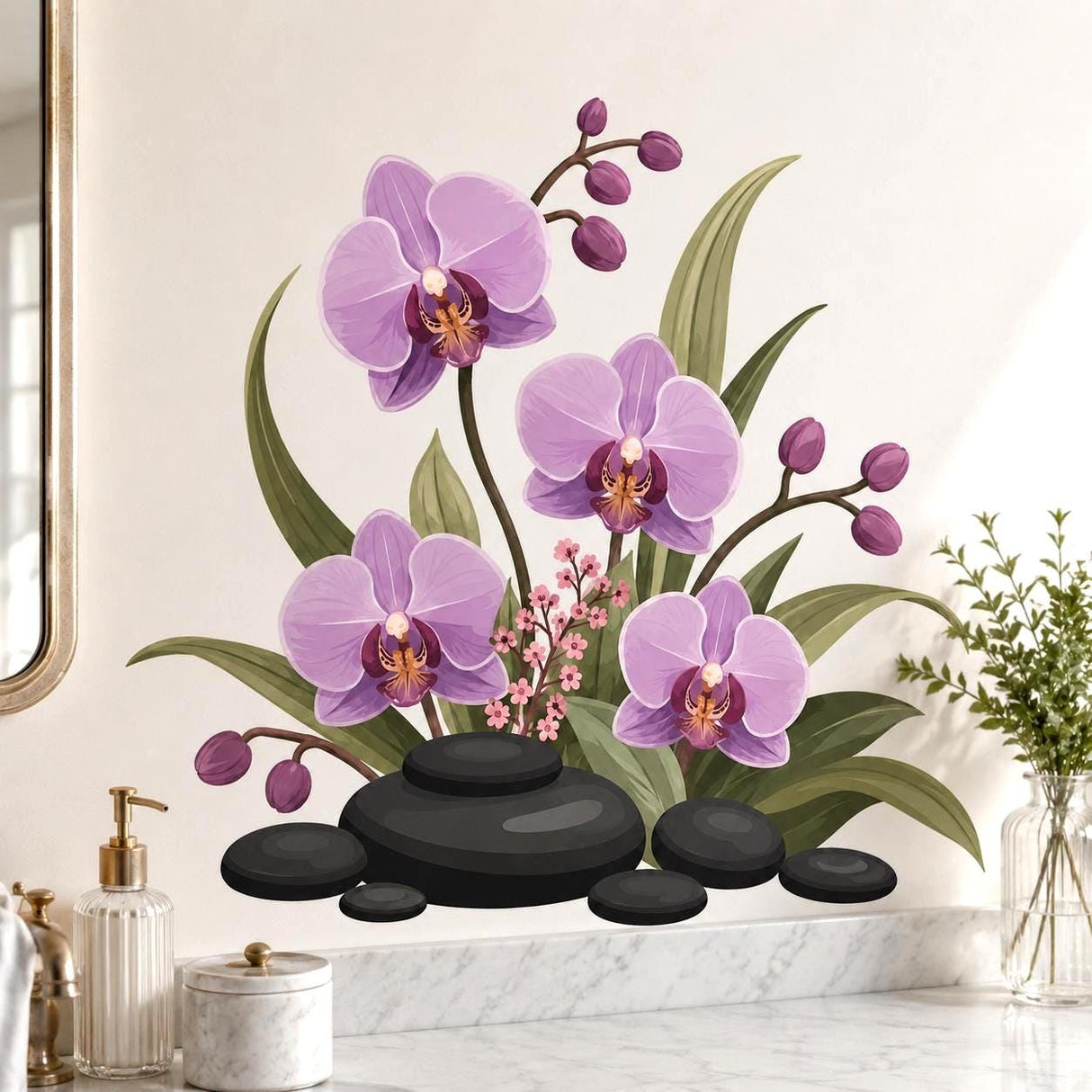 Botanical arrangement of four lavender and purple orchid blossoms with dark plum centers, orchid buds, long olive-green leaves, tiny pink flowers, and smooth charcoal spa stones.