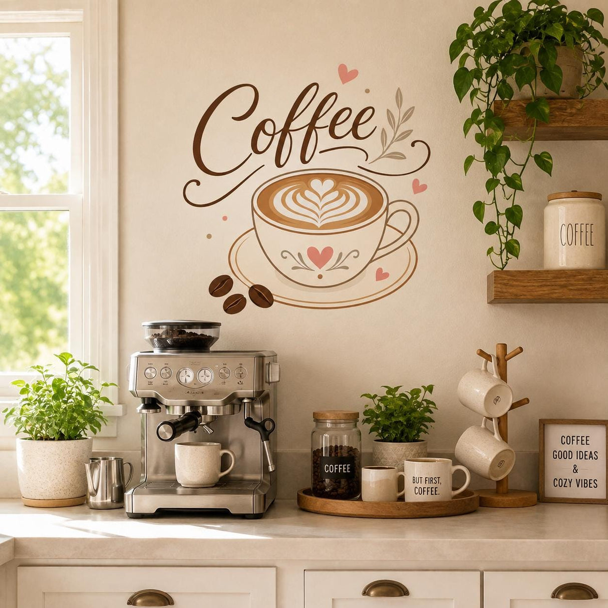 Coffee Cup Wall Decal | Coffee Lover Wall Sticker | Latte Art Kitchen Decor | Cafe Wall Art | Cozy Coffee Bar Wall Decoration | Coffee Signs
