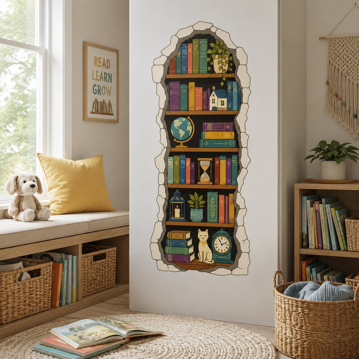 Bookshelf Wall Decal | Cozy Library Wall Sticker | Book Lover Room Decor | Reading Nook Wall Art | 3D Stone Niche Bookshelf Wall Decorations