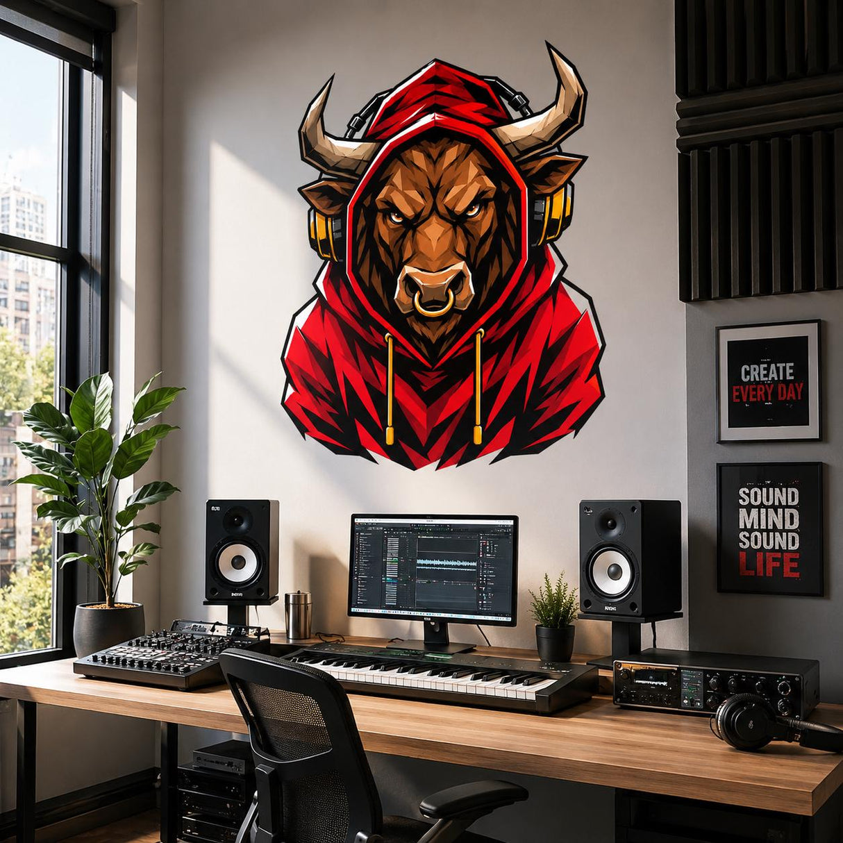 Bull Gamer Wall Decal | Gaming Bull Wall Sticker | Headphones Animal Decor | Teen Room Wall Art | Red Hoodie Gaming Bedroom Wall Decorations