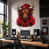 Bull Gamer Wall Decal | Gaming Bull Wall Sticker | Headphones Animal Decor | Teen Room Wall Art | Red Hoodie Gaming Bedroom Wall Decorations
