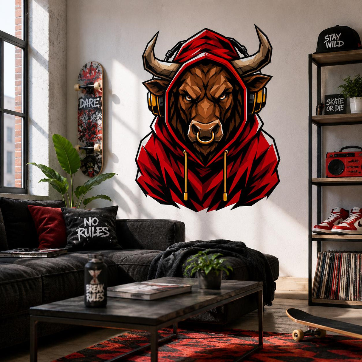 Bull Gamer Wall Decal | Gaming Bull Wall Sticker | Headphones Animal Decor | Teen Room Wall Art | Red Hoodie Gaming Bedroom Wall Decorations