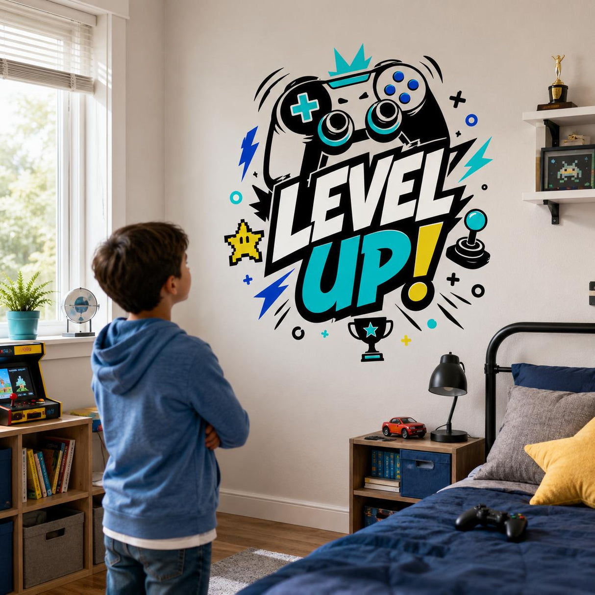 Level Up Gaming Wall Decal | Video Game Wall Sticker | Gamer Room Decor | Controller Wall Art | Arcade Bedroom Wall Decoration | Kids' Decor