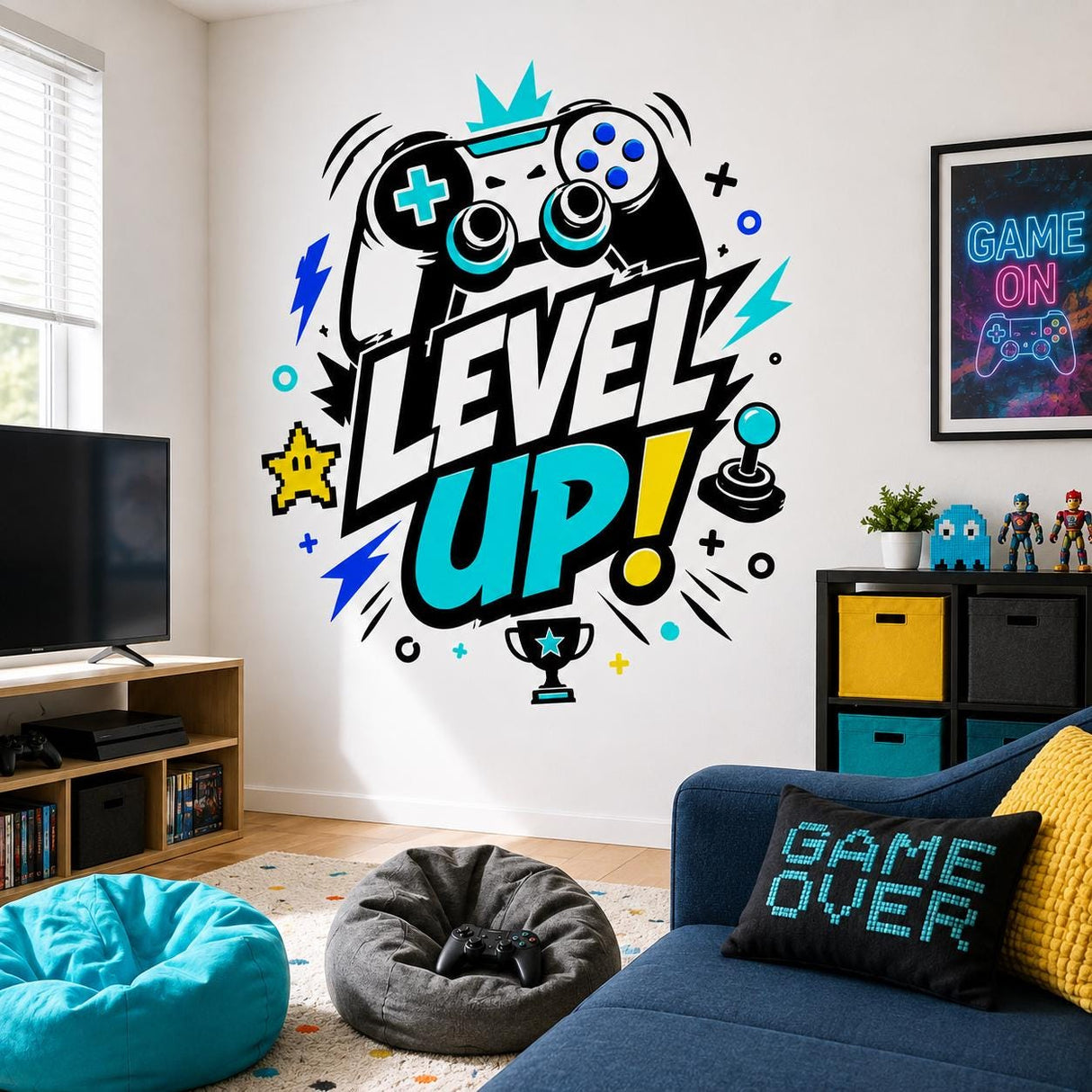 Level Up Gaming Wall Decal | Video Game Wall Sticker | Gamer Room Decor | Controller Wall Art | Arcade Bedroom Wall Decoration | Kids' Decor