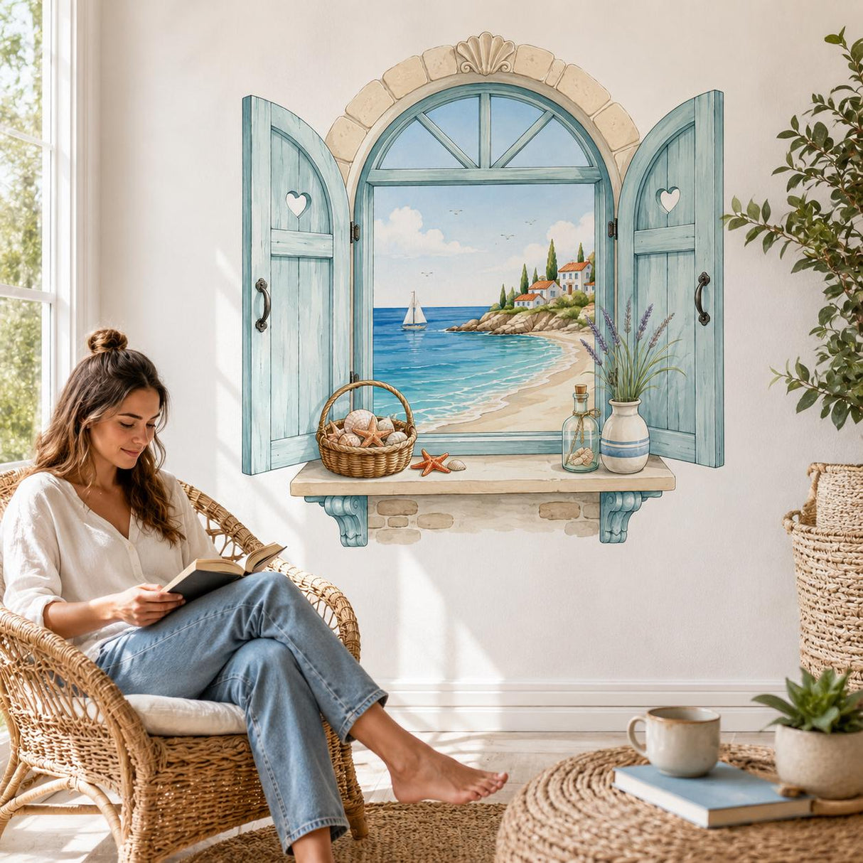 Coastal Window Wall Decal | Mediterranean Sea Wall Sticker | Ocean View Wall Art | Nautical Home Decor | Seaside Window Wall Art Decorations
