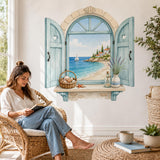 Coastal Window Wall Decal | Mediterranean Sea Wall Sticker | Ocean View Wall Art | Nautical Home Decor | Seaside Window Wall Art Decorations