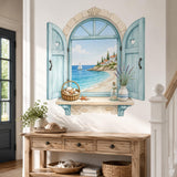 Coastal Window Wall Decal | Mediterranean Sea Wall Sticker | Ocean View Wall Art | Nautical Home Decor | Seaside Window Wall Art Decorations