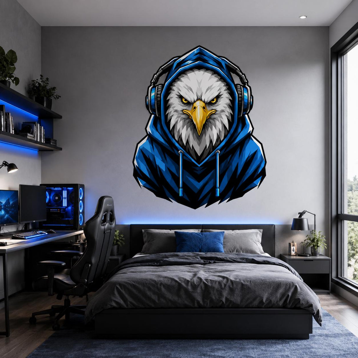 Bald Eagle Gamer Wall Decal | Gaming Eagle Wall Sticker | Gamer Room Decor | Teen Bedroom Wall Art | Blue Hoodie Eagle Gamer Wall Decoration