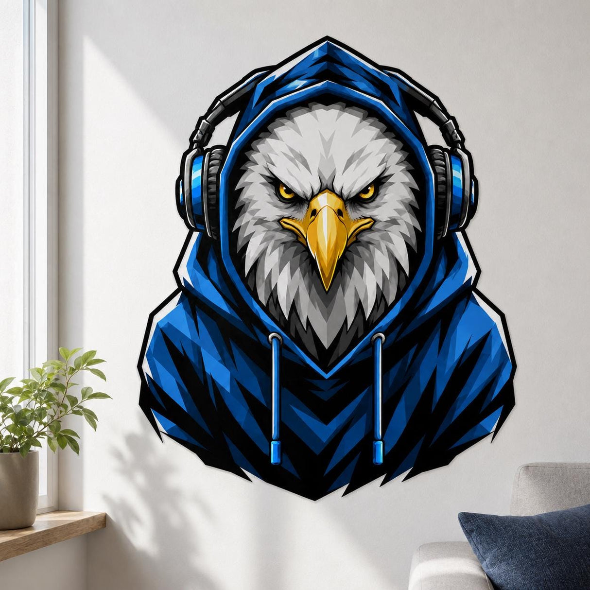 Bold illustrated bald eagle with intense golden eyes and a yellow beak, wearing a bright blue hooded sweatshirt and large blue-and-black over-ear headphones.