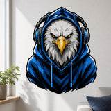 Bold illustrated bald eagle with intense golden eyes and a yellow beak, wearing a bright blue hooded sweatshirt and large blue-and-black over-ear headphones.