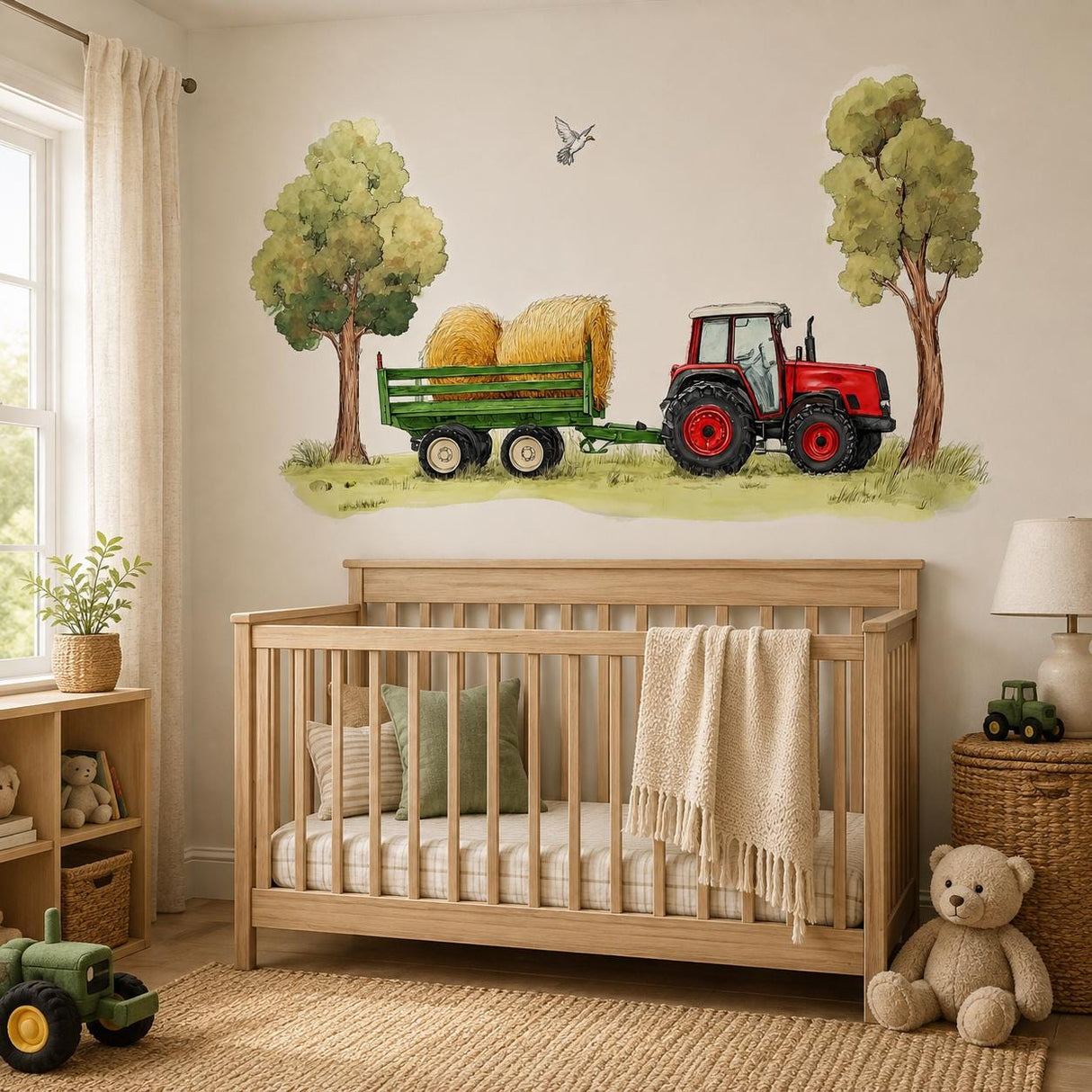 Red Tractor Wall Decal | Farm Tractor & Hay Trailer Wall Sticker | Rustic Kids Room Decor | Country Nursery Wall Art | Farm Wall Decorations