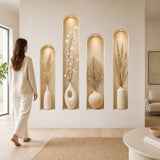 3D Wall Niche Decal | Neutral Botanical Wall Sticker | Arched Alcoves Wall Art | Beige Vase Decor | Modern Minimalist Living Room Decoration