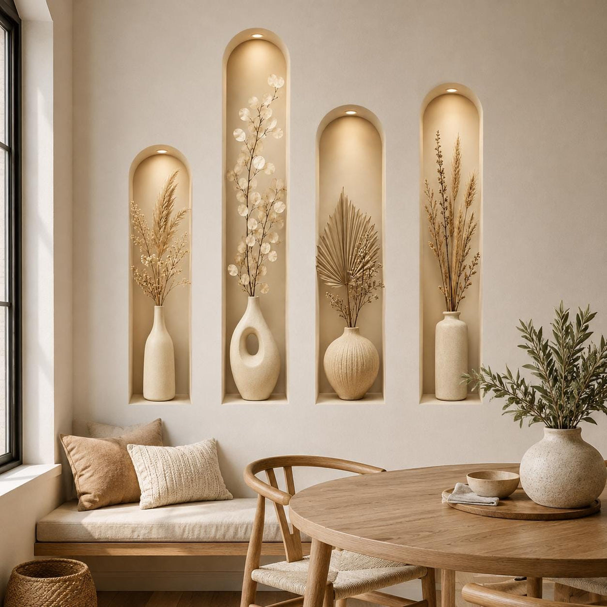 3D Wall Niche Decal | Neutral Botanical Wall Sticker | Arched Alcoves Wall Art | Beige Vase Decor | Modern Minimalist Living Room Decoration