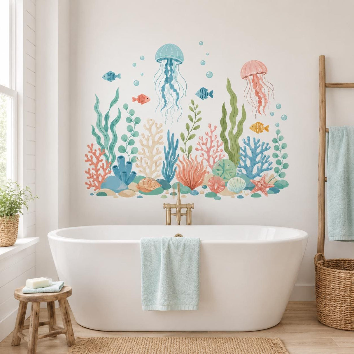 Under the Sea Wall Decal | Jellyfish & Coral Wall Sticker | Ocean Nursery Decor | Kids Room Sea Life Wall Art | Pastel Underwater Wall Decor