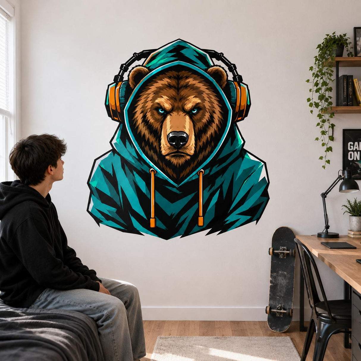 Bear Gamer Wall Decal | Gaming Bear Wall Sticker | Headphones Animal Decor | Teen Room Wall Art | Teal Hoodie Gaming Bedroom Wall Decoration