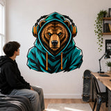 Bear Gamer Wall Decal | Gaming Bear Wall Sticker | Headphones Animal Decor | Teen Room Wall Art | Teal Hoodie Gaming Bedroom Wall Decoration