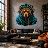 Bear Gamer Wall Decal | Gaming Bear Wall Sticker | Headphones Animal Decor | Teen Room Wall Art | Teal Hoodie Gaming Bedroom Wall Decoration