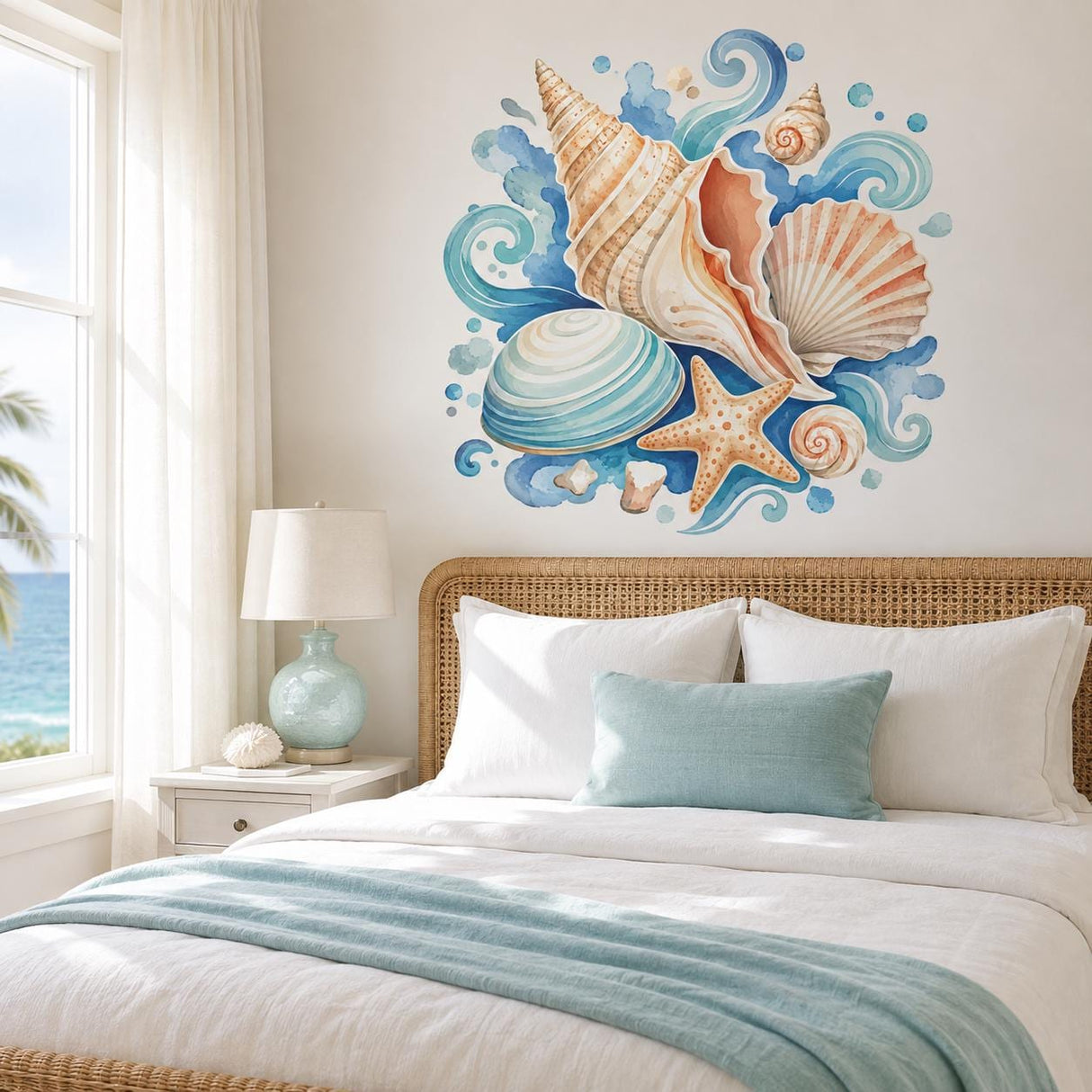 Seashell Wall Decal | Watercolor Seashell Wall Sticker | Coastal Beach Home Decor | Ocean Wall Art | Starfish Shells Coastal Wall Decoration