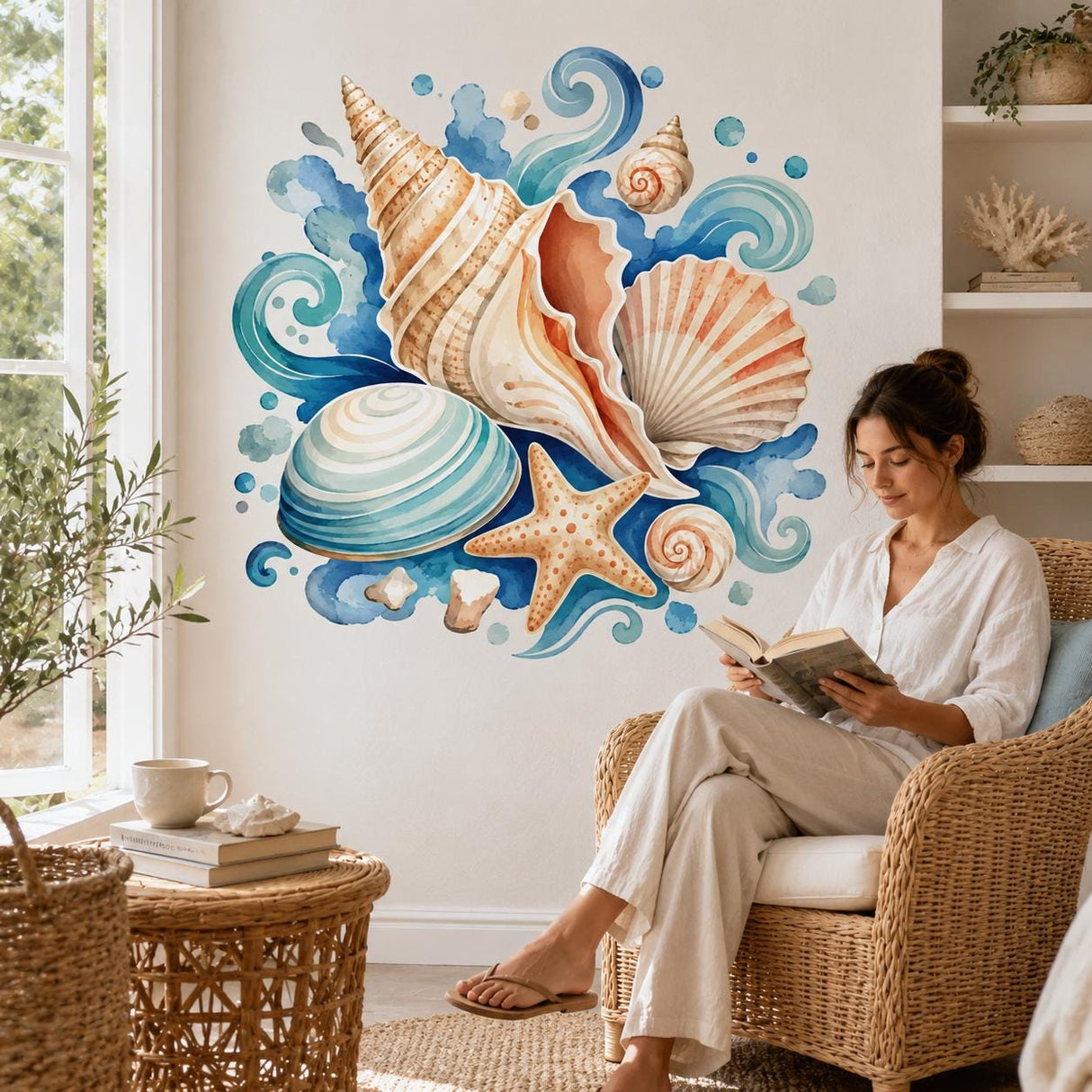 Seashell Wall Decal | Watercolor Seashell Wall Sticker | Coastal Beach Home Decor | Ocean Wall Art | Starfish Shells Coastal Wall Decoration