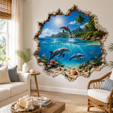 3D Dolphin Wall Decal | Tropical Ocean Wall Sticker | Underwater Dolphin Wall Art | Kids' Room Sea Art | Broken Wall Effect Ocean Decoration