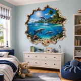 3D Dolphin Wall Decal | Tropical Ocean Wall Sticker | Underwater Dolphin Wall Art | Kids' Room Sea Art | Broken Wall Effect Ocean Decoration