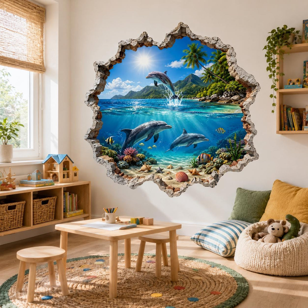 3D Dolphin Wall Decal | Tropical Ocean Wall Sticker | Underwater Dolphin Wall Art | Kids' Room Sea Art | Broken Wall Effect Ocean Decoration