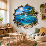 3D Dolphin Wall Decal | Tropical Ocean Wall Sticker | Underwater Dolphin Wall Art | Kids' Room Sea Art | Broken Wall Effect Ocean Decoration