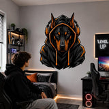 Doberman Gamer Wall Decal | Gaming Dog Wall Sticker | Headphones Animal Decor | Teen Room Wall Art | Black Orange Gaming Bedroom Decorations