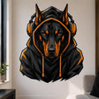 Bold illustrated black-and-tan Doberman with intense orange eyes and tall pointed ears, wearing a dark hooded sweatshirt and large black-and-orange over-ear headphones with bright orange drawstrings.