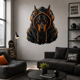 Doberman Gamer Wall Decal | Gaming Dog Wall Sticker | Headphones Animal Decor | Teen Room Wall Art | Black Orange Gaming Bedroom Decorations