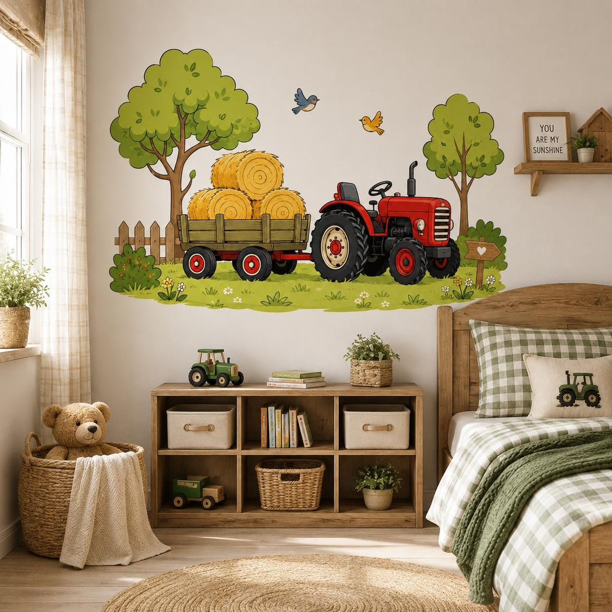 Red Tractor Wall Decal | Farm Tractor & Hay Trailer Wall Sticker | Kids Farm Room Decor | Country Nursery Wall Art | Country Farm Wall Decor