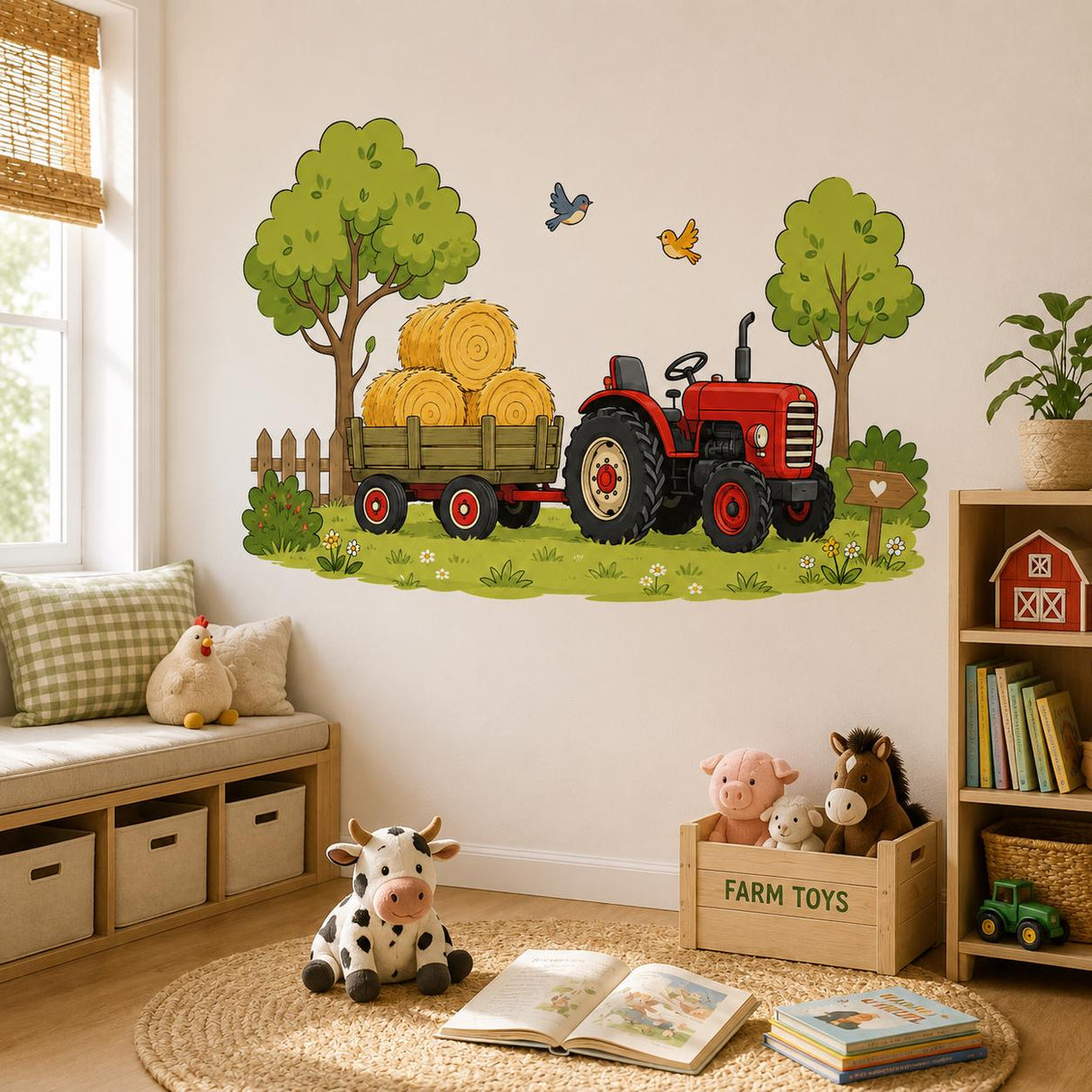 Red Tractor Wall Decal | Farm Tractor & Hay Trailer Wall Sticker | Kids Farm Room Decor | Country Nursery Wall Art | Country Farm Wall Decor