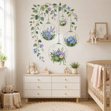 Hanging Terrarium Wall Decal | Floral Glass Globe Wall Sticker | Botanical Bedroom Decor | Blue Flowers Wall Art | Greenery Wall Decorations