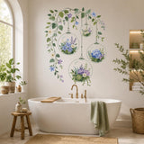 Hanging Terrarium Wall Decal | Floral Glass Globe Wall Sticker | Botanical Bedroom Decor | Blue Flowers Wall Art | Greenery Wall Decorations