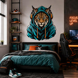 Lynx Gamer Wall Decal | Gaming Lynx Wall Sticker | Headphones Animal Decor | Teen Room Wall Art | Teal Hoodie Gaming Bedroom Wall Decoration