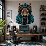 Lynx Gamer Wall Decal | Gaming Lynx Wall Sticker | Headphones Animal Decor | Teen Room Wall Art | Teal Hoodie Gaming Bedroom Wall Decoration