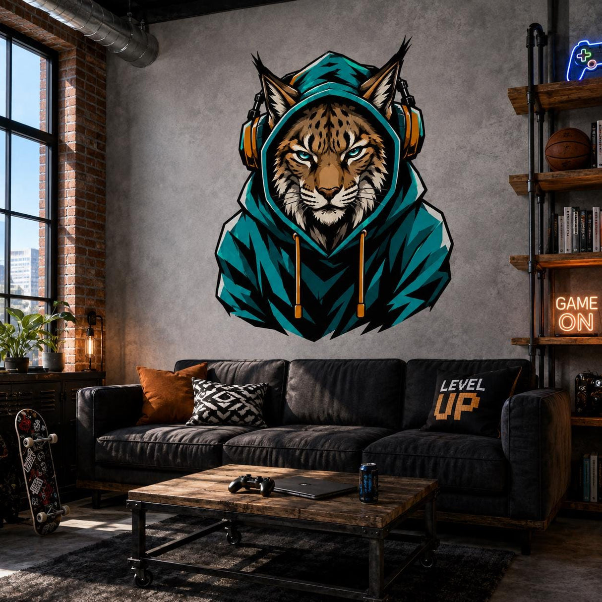 Lynx Gamer Wall Decal | Gaming Lynx Wall Sticker | Headphones Animal Decor | Teen Room Wall Art | Teal Hoodie Gaming Bedroom Wall Decoration