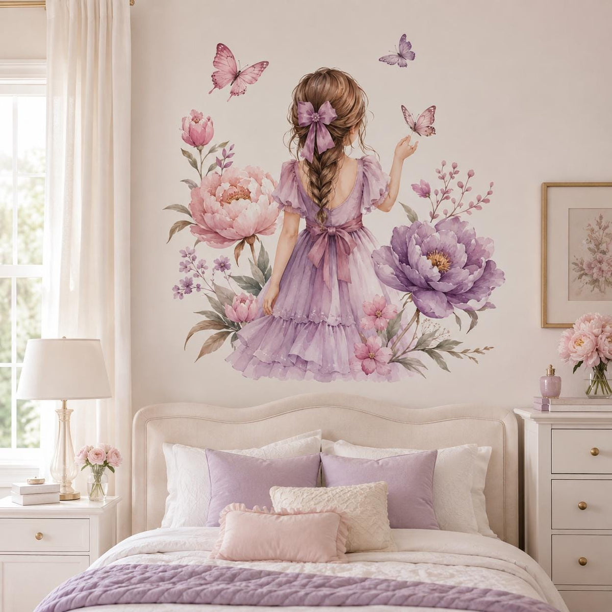Watercolor Braided Girl Floral Wall Decal | Butterfly Nursery Decor | Purple Flower Wall Sticker | Girls Bedroom Vinyl Decor | Peony Flowers