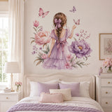 Watercolor Braided Girl Floral Wall Decal | Butterfly Nursery Decor | Purple Flower Wall Sticker | Girls Bedroom Vinyl Decor | Peony Flowers