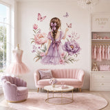 Watercolor Braided Girl Floral Wall Decal | Butterfly Nursery Decor | Purple Flower Wall Sticker | Girls Bedroom Vinyl Decor | Peony Flowers