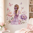 Watercolor-style girl seen from behind, with a brown braid, lavender bow, purple dress, butterflies and pink flowers.