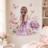 Watercolor-style girl seen from behind, with a brown braid, lavender bow, purple dress, butterflies and pink flowers.