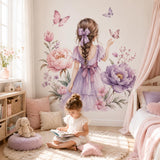 Watercolor Braided Girl Floral Wall Decal | Butterfly Nursery Decor | Purple Flower Wall Sticker | Girls Bedroom Vinyl Decor | Peony Flowers