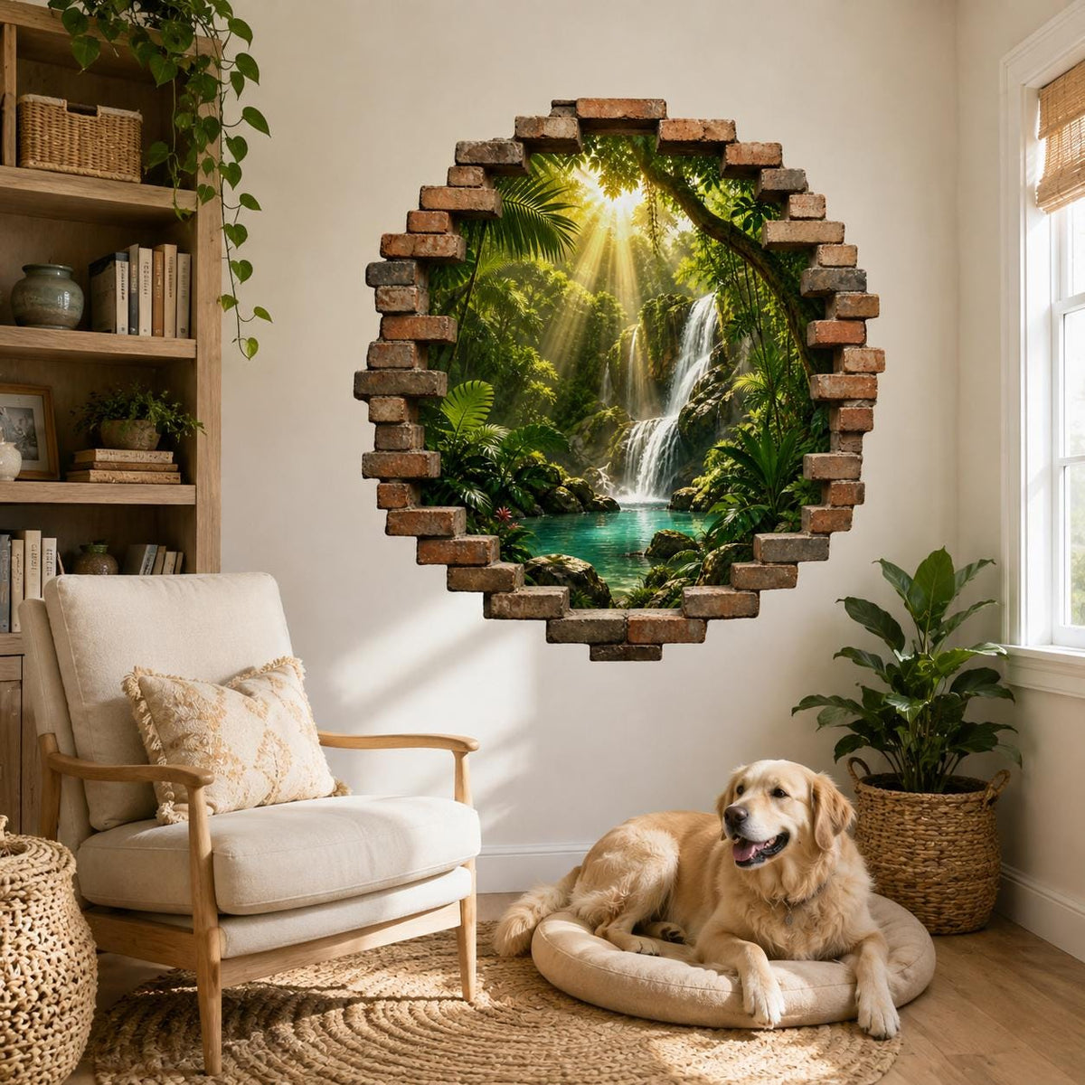 Tropical Waterfall Wall Decal | 3D Broken Brick Jungle Mural | Rainforest Wall Sticker | Nature Living Room Decor | Faux Window Wall Decor